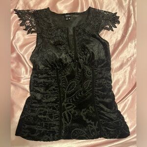 XOXO Black Lace Velvet Top M Goth Y2K Sheer Floral Mesh Ruched